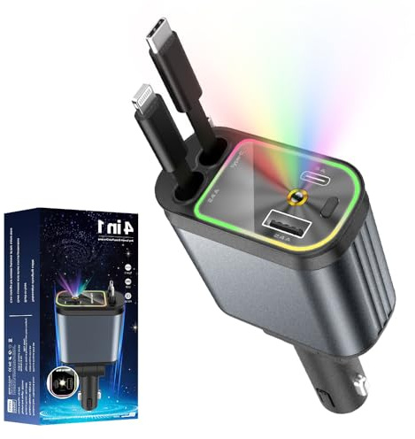 4 en 1 Retráctil Cargador Coche Carga Rápida,12/24V Cargador de Coche Luz con Estrellada USB Carga Rápida Cargador Teléfono Automóviles con Cables Retráctiles Carga rápida para iPhone,Galaxy
