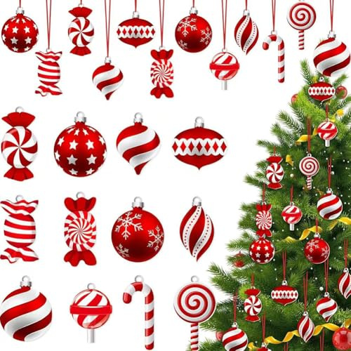 24PCS Christmas Tree Decorations Candy Pendants Christ-mas Sweets Candy Ornaments Xmas Tree Hanging Decorations Christmas Baubles Ornaments for Xmas Home Decor Decoration Assorted Color