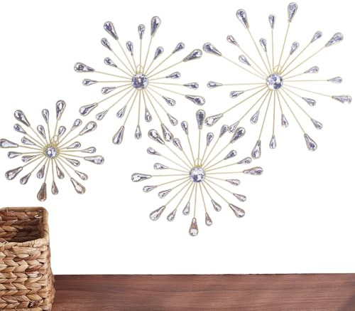 AHANDMAKER 4 Stück Sternblumen Wanddeko Glitzer Wandkunst Mit Strasssteinen Sonnenstrahl Wassertropfen Dekor Moderne Akzentdekoration Für Wohnzimmer Eingangsbereich Schlafzimmer Gold