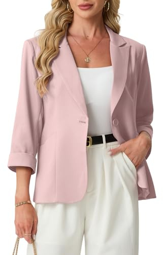 GRECERELLE Womens Blazers Suit Elegant 3/4 Sleeves Causal Ladies Jackets Peaked Lapel Open Front Cardigans Office Work Outerwear with Buttons Pockets for Women UK (Pink, 12)