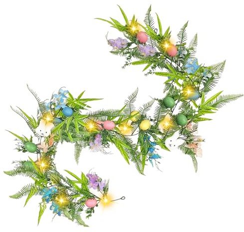 Osterdeko Girlande mit Beleuchtung, 1.8M Ostergirlande mit LED Lichterkette, Ostern Deko Girlande Frühling mit Ostereier Blumen, Beleuchtet Frühlingsdeko Osterkranz für Innen Außen (A-1,8M)