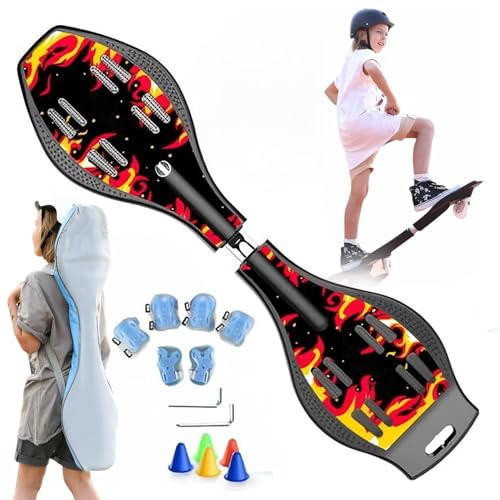 ZQHQKJ Waveboard mit LED Rädern für Kinder und Jugendliche, 360° Lenkung, bis 100kg - inkl. Protektoren-Set und Tasche - rutschfest robust,Feuer qilin rot
