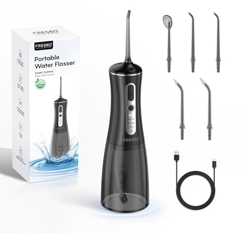 FRESKO Water Flosser Cordless for Teeth, 300ML Oral Irrigator with 4 Modes, 2600mAh Battery, IPX7 Waterproof, Tongue Cleaner & 4 Tips for Braces and Implants, Portable Teeth Cleaner for Tavel, Black