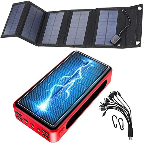 Power Bank Solar Charger 100000Mah Waterproof Qi Wireless Camping Battery Pack with Solar Panel Fast Charging 5V/2.1A I-nput/Output, LED Flashlights,B