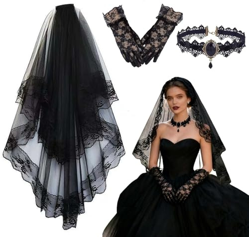 Vrexziy Schleier Schwarz, Brautschleier Schwarz mit Kamm, Schleier Spitze Hexe Cosplay mit Spitzenhandschuhe und Halskette für Hochzeit Halloween Karneval