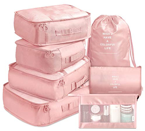 VAGREEZ Set di 7 cubi da imballaggio da viaggio con borsa da toilette (rosa)