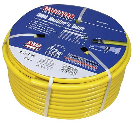 Faithfull Heavy-Duty Reinforced PVC Builders Hose 50M (164ft) 12.5mm (1/2in) Diameter – 24 Braid Fibre Mesh, Kink & Twist Resistant Hose Pipe