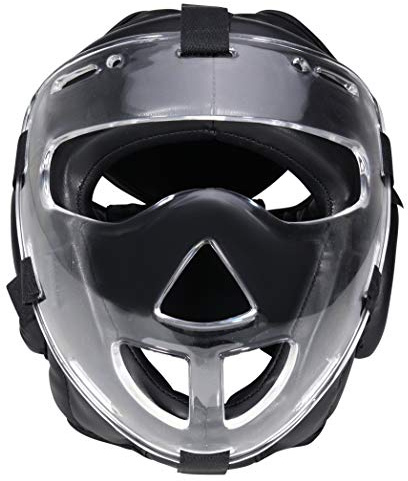 Bay Full Face Budo Kopfschutz mit Maske Leder PU Helm Visier Boxen Krav MAGA MMA Plexiglas Gitter Safety Fight Kopfschützer Headguard Kampfsport Gesichtsmaske Gesichtschutz schwarz