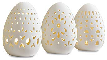 Loberon Osterei 3er Set Mouna, kunstvolle Ausstanzungen, warmes LED-Licht, batteriebetrieben, Wohn-Accessoire, Ostern, Osterdeko, Porzellan, weiß