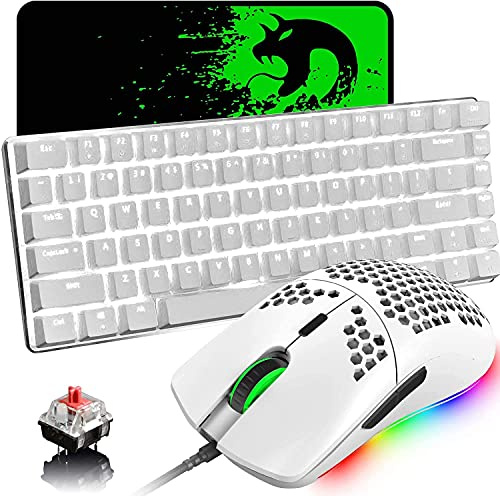 Mechanische Gaming-Tastatur und -Maus,LED-beleuchtete USB-Tastatur Typ C mit Kabel, roter Schalter Anti-Ghosting-Tasten+RGB 6400 DPI Leichte Gaming-Maus Wabenschale+Mauspad für Computer/PC/Laptop/MAC