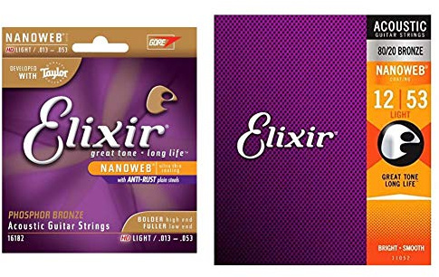 Elixir® Saiten 80/20 Bronze Akustik-Gitarrensaiten mit NANOWEB® Beschichtung, Light (.012-.053) & Saiten Phosphor Bronze Akustik-Gitarrensaiten mit NANOWEB® Beschichtung, HD Light (.013-.053)