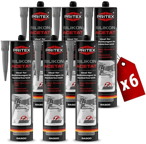 PRITEX Sanitär Silikon Grau 6x 300ml, Acetat für Bad & WC Dichtmasse