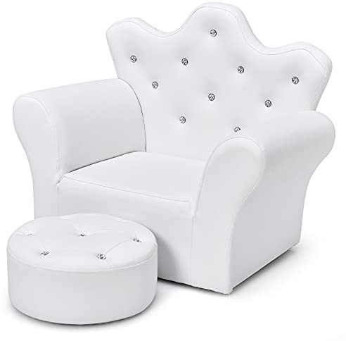 GLACER Kids Sofa with Ottoman, Kids White Couch with Embedded Crystal & PVC Leather, Upholstered Child’s Crown-Back Armchair, Baby Sofa Chair Seat Furniture, Princess Chair for Toddler Girls(White)
