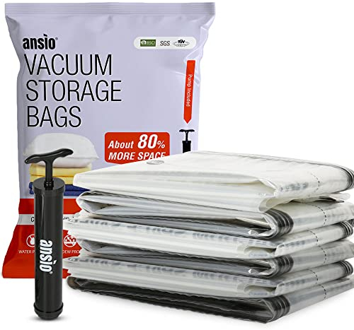ANSIO® Vacuum Storage Bags for Clothes Large Pack of 6 Double-Zip Seal & Triple Seal Turbo Valve Vacuum Bags for Duvets, Bedding Sets etc., 80% More Storage Travel Pump Included (Size: 100 x 80cm)