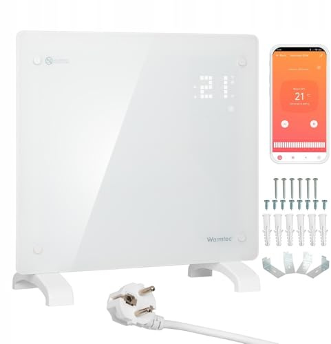 WARMTEC Convector Radiador Eléctrico 1000W | Calefactor de cristal con control WiFi, temporizador, pantalla LCD y programa semanal | Radiador Bajo Consumo de pie o de pared | Blanco