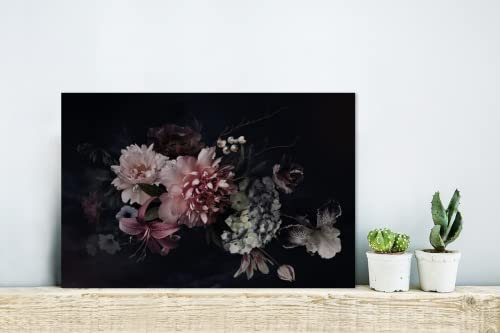 MuchoWow Glasbild Glasfoto Wandbild Bilder Deko 30x20 cm Blumen - Vintage - Pastell - Schwarz - Blumenstrauß