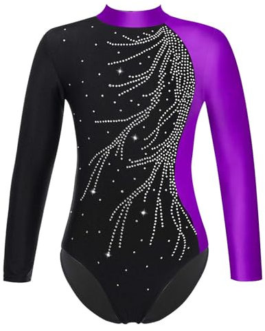 Freebily Kinder Mädchen Gymnastikanzug Glitzer Langarm Ballett Tanz Trikot Leotard Sportbody mit Kunstdiamanten Training Ballettbekleidung A_Violett 122-128