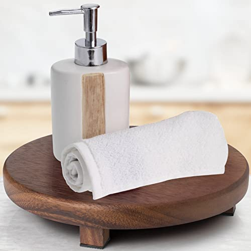kulusion Walnut Wood Pedestal Stand, 9.06 Round Wood Riser for Kitchen Counter, Farmhouse Soap Tray Wooden Display Riser for Decor, Plant, Bottle, Cake Stand