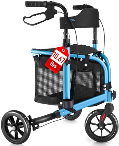 WALK MATE 3 Wheel Rollator Walker with Seat for Slim Seniors, Padded Backrest Lightweight Foldable Walker Ideal for Elderly, 8 Inch Tri-Wheel Modern Mobility Walking Aid Aluminum, Blue