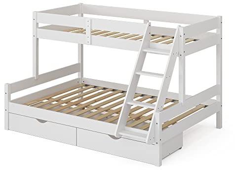VitaliSpa Etagenbett Everest, Weiß, 140x200 / 90x200 cm | mit Schubladen, mit integrierter Treppe und stabilem Lattenrostsystem