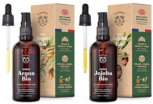 Bionoble Jojobaöl Bio 100ml & Arganöl Bio 100ml - 100% Rein, Natürlich und Kaltgepresst - Gesicht, Körper, Haar, Bart, Nägel - Vegan und Cruelty Free - Argan Oil - Glasflasche + Pipette + Pumpe