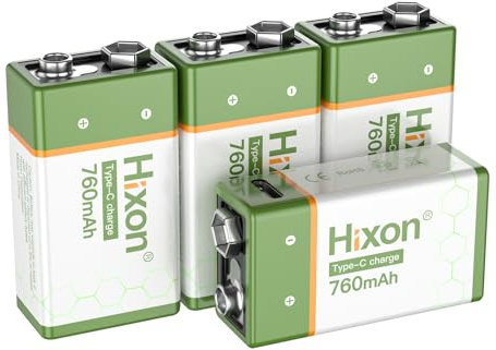 Hixon USB 9V Rechargeable Lithium Batteries - Long-Lasting 760mAh 9 Volt LI-ion Batteries with Type C Charging Cable - for Alarms Wireless Microphones Smoke Detectors Toys (4 Pack)