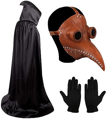 Halloween Plague Doctor Bird Beak Mask - Gothic Costume with Black Hooded Cloak and Gloves
