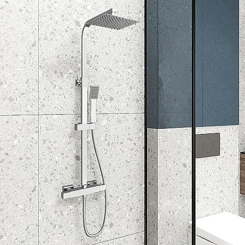 Acezanble Thermostat Shower System, Square Thermostatic 38 °C Shower Mixer Set with Rainfall Shower Head, Handheld Shower, Riser Rail, Adjustable Height Anti Scald Chrome Shower Set