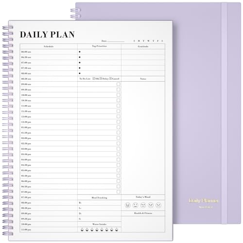 Planer Undatiert, Asten Tagesplaner, Agenda mit To-Do-Liste, Stundenplaner für Frauen und Männer, Spiral-Terminbuch-Planer, Notizbuch mit Gummizugverschluss, Tagesplaner für ADHS, 21,6 x 27,9 cm (lila