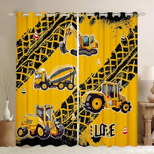 Manfei Jungen Cartoon Bagger Fenster Vorhang,BAU LKW Ausrüstung Auto Kinder Vorhänge Mädchen Zimmer Dekor,Schwarze Graffiti gelbe Fenstervorhänge Moderne Chic Fenster Vorhänge,2 Platten,S Größe