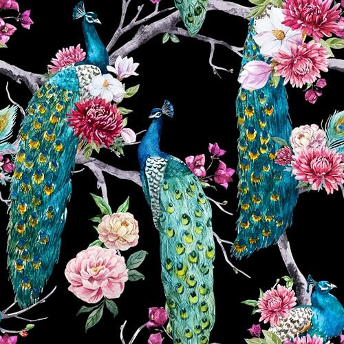 ReWallpaper 44.5cm×7m Selbstklebende Tapete - Vintage Blumen Schwarz Blau Pfau Muster Fototapete Rosa Möbelfolie Grün Mustertapete Schlafzimmer