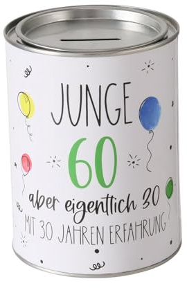 ReWu Spardose Sparschwein mit Schriftzug Junge 60 Aber Eigentlich 30, mit 30 Jahren Erfahrung - Deckel Abnehmbar - Metall Sparbüchse Geldgeschenk Geschenkidee Geldspardose Metallspardose 14 x 10 cm