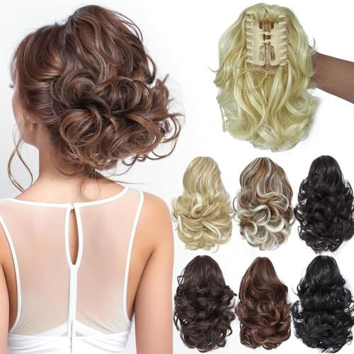 PARXITN Ponytail Extension 20cm Kurz Gelockt Gewellt Claw Clip in Synthetik Haarteil Pferdeschwanz Haarverlängerungen Zopf Bleichblondine