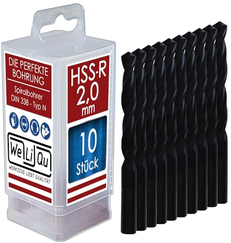 WELIQU 10 Stück HSS-R Spiralbohrer Ø 2,0 mm, rollgewalzte Metallbohrer für Stahl, Alu, Messing, NE Metall, Guss, PVC