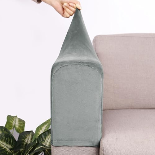 Hearda 2/4/6 Stück Elastische Armlehnenbezüge Couch Armlehnenschoner, Samt Stretch Abnehmbar Sesselbezug rutschfest Sesselschoner Armkappen für Stühle Sofas Sessel Möbelschutz (Grau,6er-Satz)