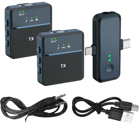 summina Sistema de micrófono de solapa inalámbrico de 2,4 G Micrófono dual Chip de reducción de ruido Micrófono de clip de cuello Plug and Play para grabación de video Teléfonos Computadoras Cámaras