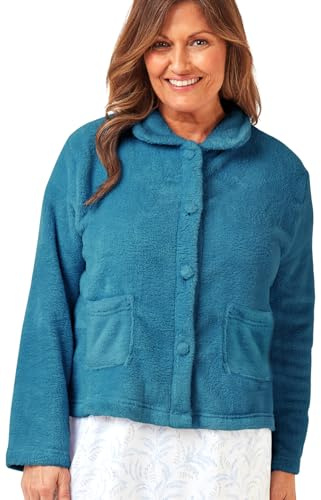 Marlon Women's Lucy Fleece Bed Jacket - Soft Short Robe with Collar, Long Sleeves & Button or Zip Closure - Cosy & Warm Loungewear, New Teal, 16-18