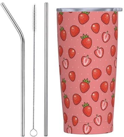 VOSERY Botella de agua de 20 onzas con tapa y popote, vaso aislado de fresa roja, vasos de acero inoxidable, taza de café de viaje, vaso personalizado