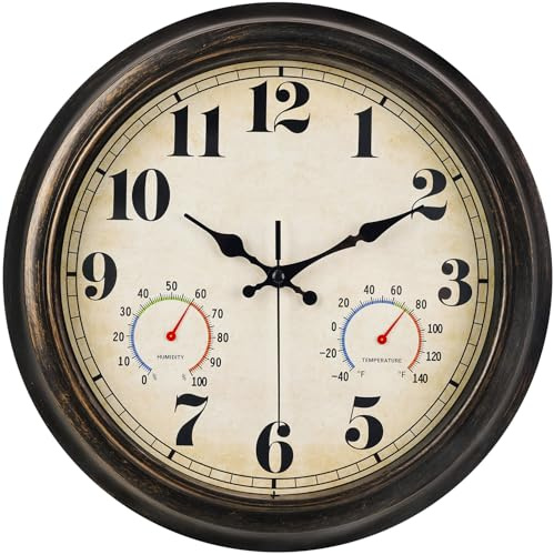 zyzamay Outdoor-Uhr mit Thermometer und Hygrometer, 33 cm, wasserdicht und leise, große, leicht ablesbare Ziffern, ideal für Schlafzimmer, Büro, Wohnzimmer, Veranda, Garten, Pool (Schwarz/Gold)