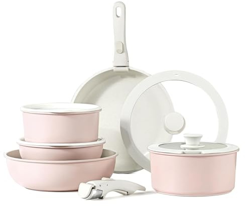 11-teiliges Antihaft Kochgeschirr-Set mit Abnehmbarem Griff: Stapelbar Topf- und Pfannenset für Induktion, Gasherde, Backofen und Spülmaschine, PFAS-frei (Rosa)