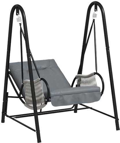 Outsunny Rattan Swing Chair, Outdoor Garden Hanging Swing Seat with Stand and Seat Cushion, Porch Hanging Chair for Balcony, Garden, Deck, Light Grey