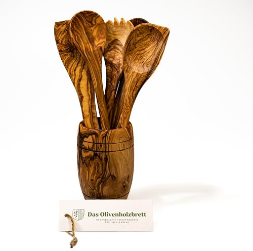 DAS OLIVENHOLZBRETT®Besteckhalter/Köcher 16cm bauchig+ 5er Set Zubehör 30cm | Kochlöffel, Löffel mit Ecke + Salatbesteck Olivenholz / Küchenutensilien Holz Set / Kochlöffel Set 30cm länge