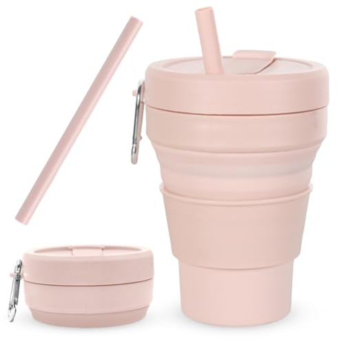 Piashow Faltbarer Silikonbecher, tragbarer Wasserbecher,mit Deckel und Strohhalm, platzsparend, wiederverwendbar, Umweltfreundlicher Becher zum Mitnehmen，ideal für heiße und kalte Getränke