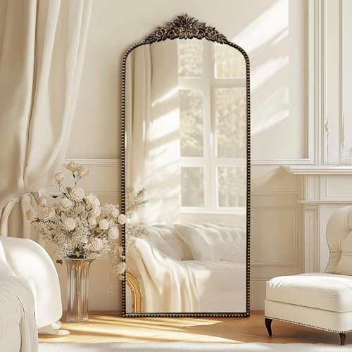G-LEAF Barock Ganzkörperspiegel Schwarz-Gold 190x76 cm Großer Standspiegel Wandspiegel mit Blumenmuster Ornamenten Prunkvoller Ankleidespiegel Vintage Dekospiegel für Schlafzimmer Wohnzimmer Flur