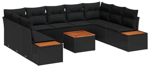vidaXL Trädgårdsoffset med kudde 10 pcs Svart Poly rattan, Trädgård och terrass, modern modulär utemöbelset, lätt rattansoffa, väderresistent loungesoffa