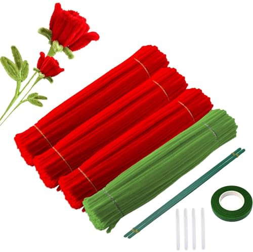 Begonia 400 Pcs Pfeifenputzer Zum Basteln, Red Rose Pfeifenreiniger Blumen Set, Pfeifenreiniger Pipe Cleaner Flower, mit 40 Blumendraht,1 Klebeband,4 Heißklebesticks für Blumenstrauß DIY Dekorationen