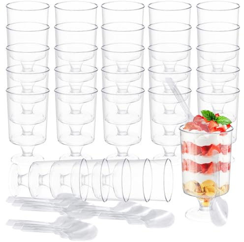 30PCS Mini Cuencos de Postre CHUNLINLAODA-130ml Vasos de Postre Redondos de Plástico,Tazas de Postre con Cucharas,Transparente Parfait Tazón para Servir Reutilizable Fiesta de Mousse(Transparente 2)