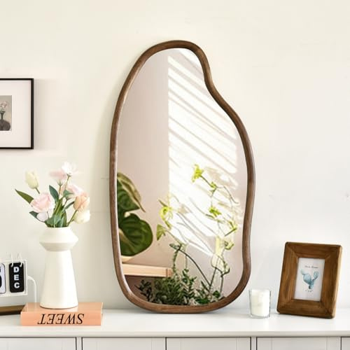 Asymmetrischer Spiegel, 97x50cm Unregelmäßiger Wandspiegel mit Holzrahmen | Cagnolier Holz Wandspiegel, Rahmen aus Massivholz, Ganzkörperspiegel Asymmetrisch Holzrahmen für Wohnräume, Zimmer