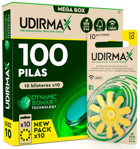100 Piles Auditives Taille 10 Udirmax PR70 Jaune Zinc-Air avec Technologie Dynamic Sonar Eco Pack - 10 Blisters Écologiques de 10 Piles