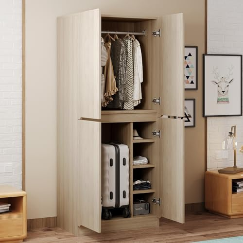 Arhatreya Kleiderschrank 70x40x170 cm, Moderner Schrank mit Doppeltür-Design und kleinem Staufach, platzsparender Garderobenschrank für Schlafzimmer, Flur oder Gästezimmer, Holzfarbe